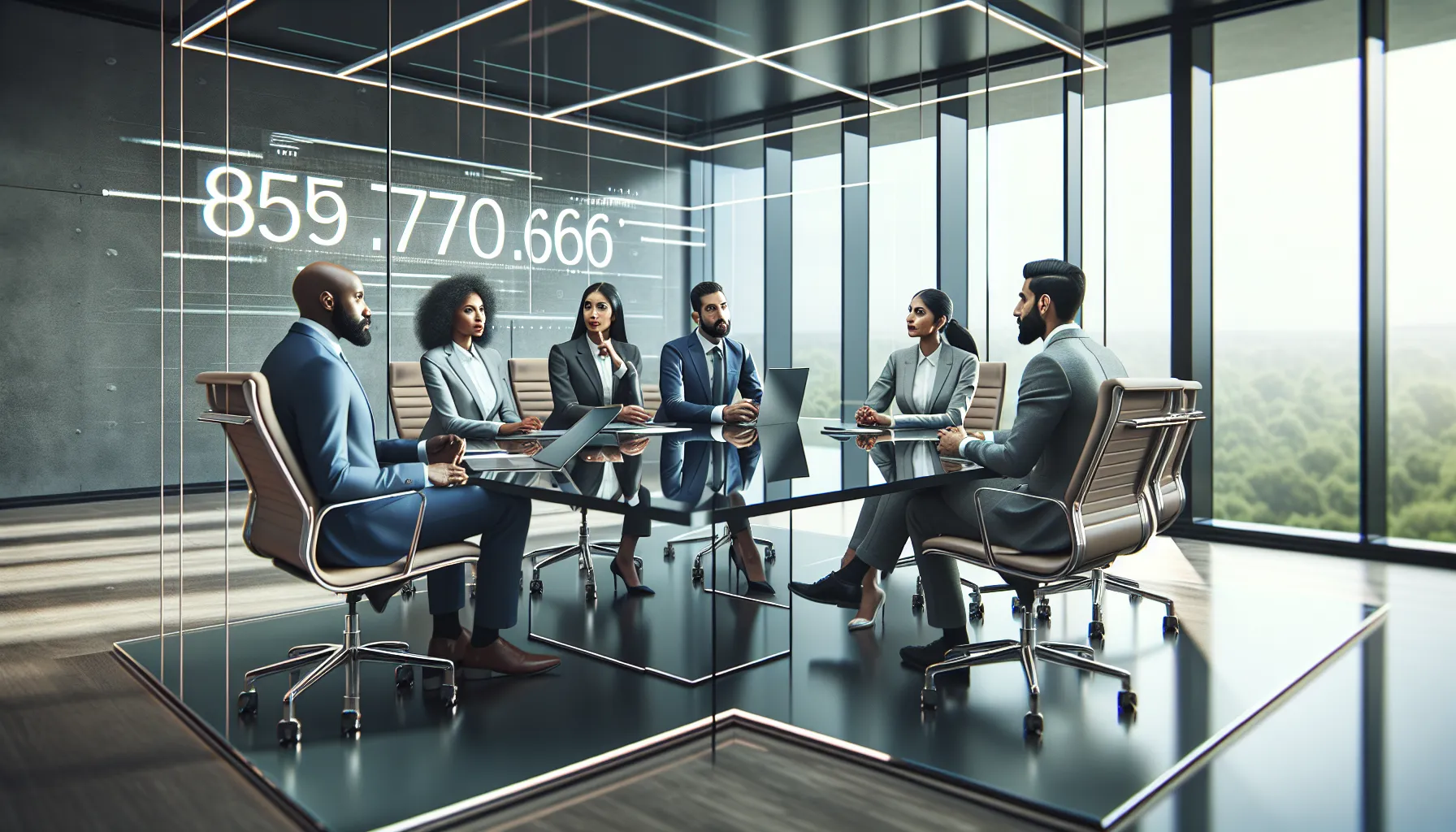 diverse professionals discussing a phone number in a modern office.
