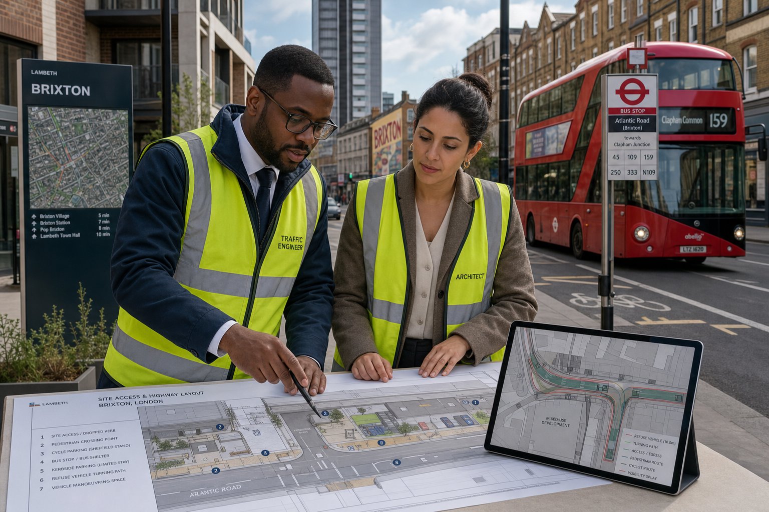 Traffic engineer reviewing site access and parking design on a Brixton street.