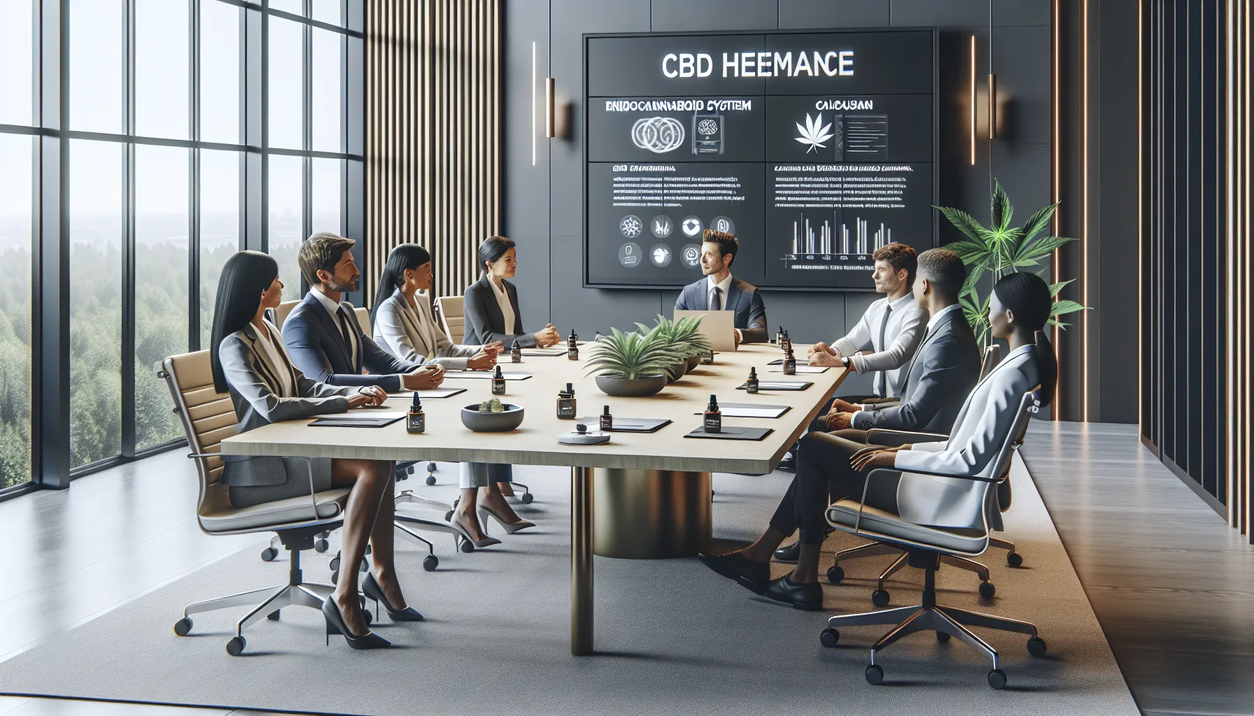 professionals discussing CBD products in a modern office.