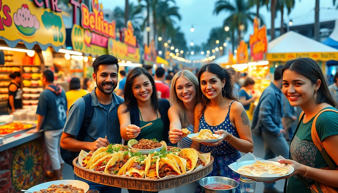 diverse group enjoying a vibrant food festival in the United States.