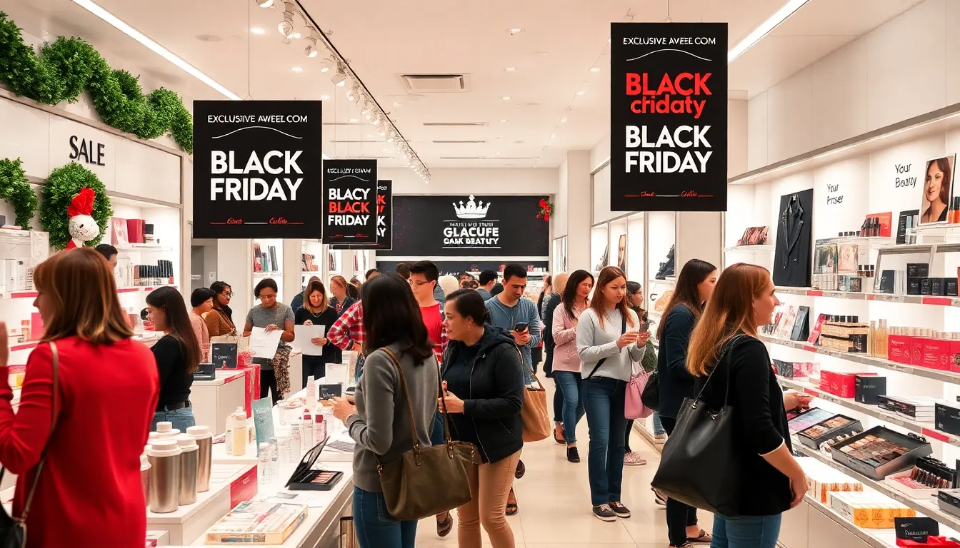diverse shoppers exploring beauty products on Black Friday.