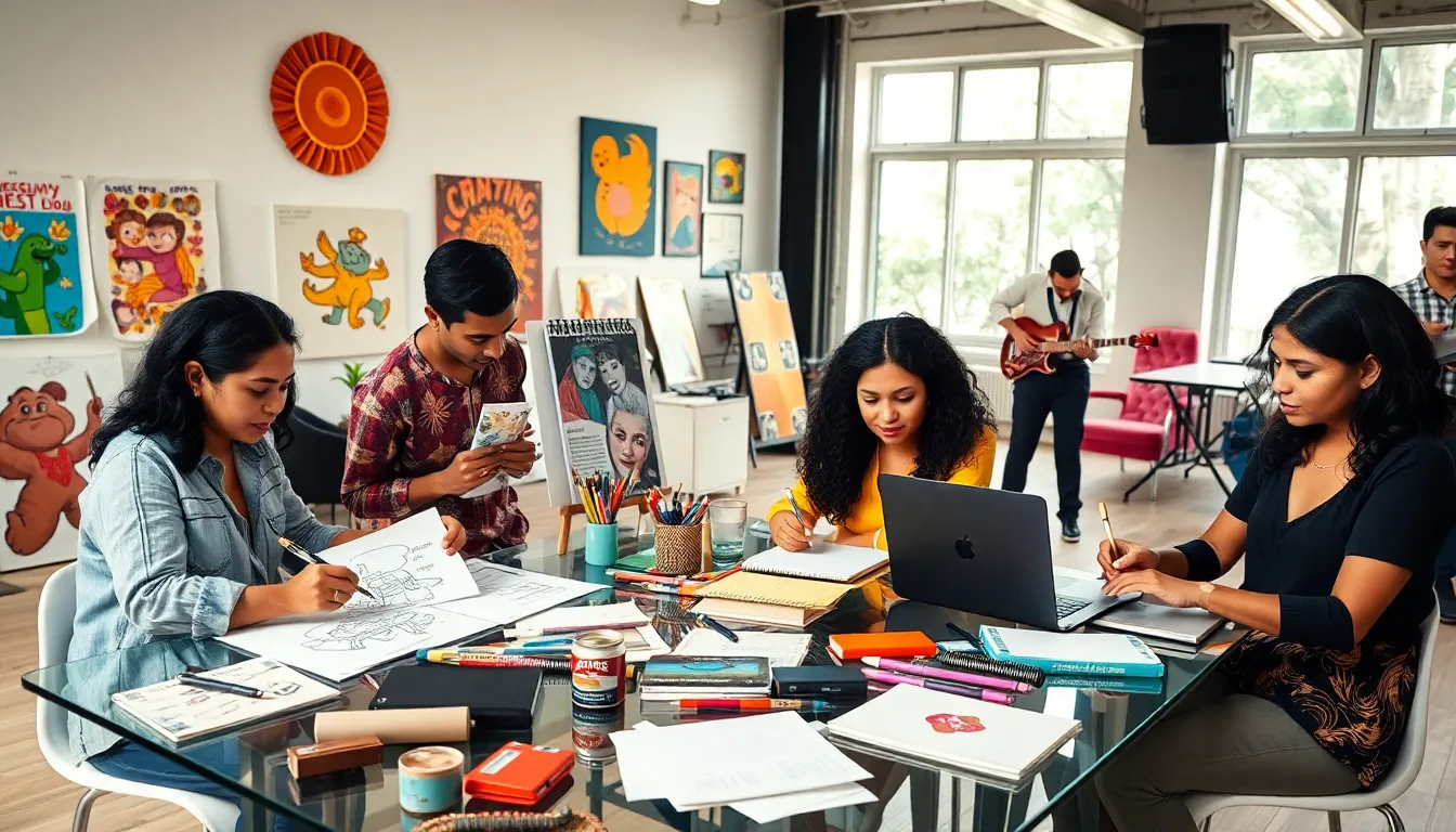 diverse artists collaborating in a vibrant creative workspace.