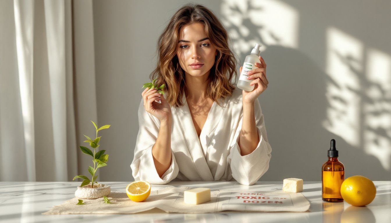Woman reading the label of a natural skincare bottle on a bathroom vanity.