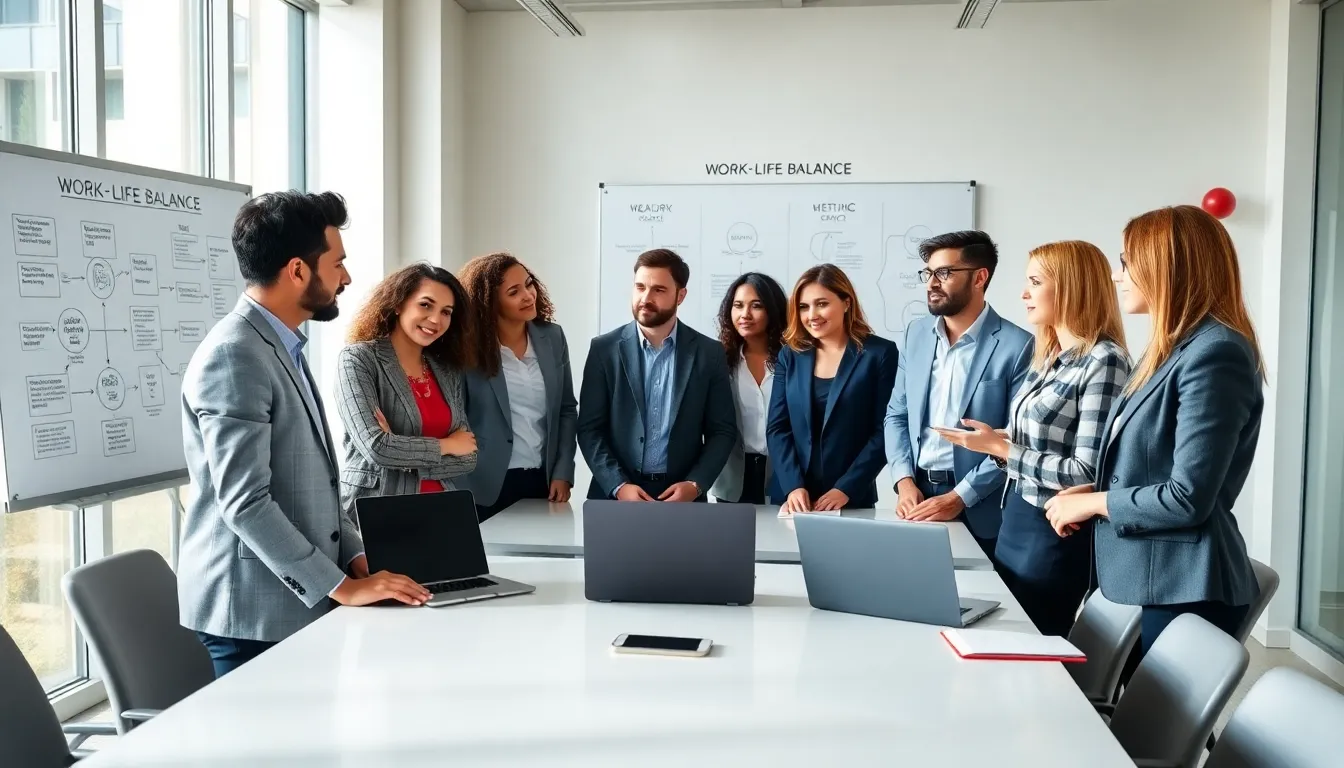 diverse professionals discussing work-life balance in a modern office.