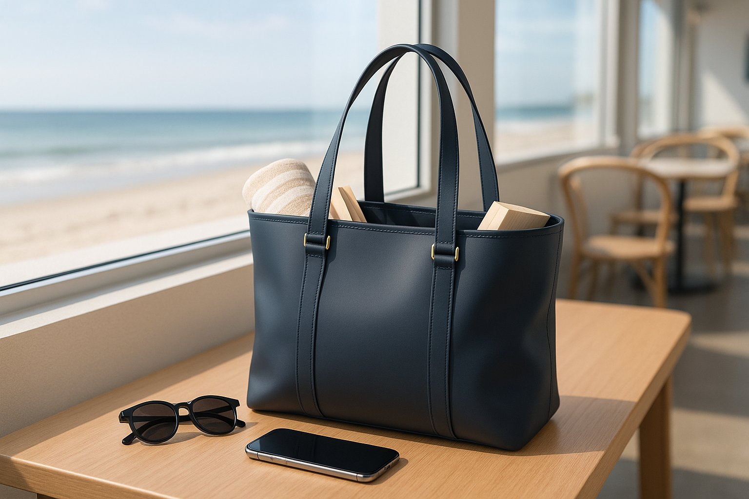 Classic waterproof beach tote on a bench with towel and sunglasses.