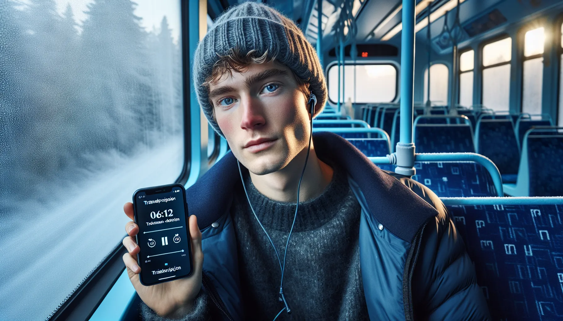 Student on an oslo tram learning from a podcast, taking notes during commute.