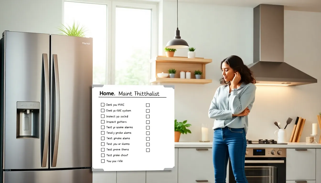 couple reviewing a home maintenance checklist in a modern kitchen.
