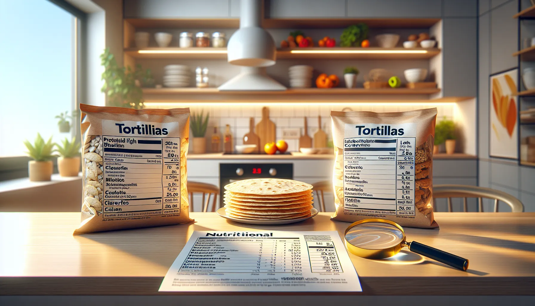 Different tortillas with a nutritional chart in a modern kitchen.