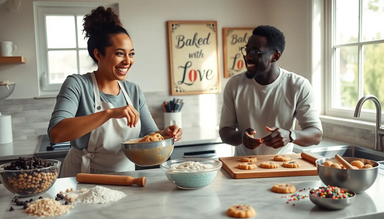 two bakers joyfully creating cookies in a cozy kitchen.