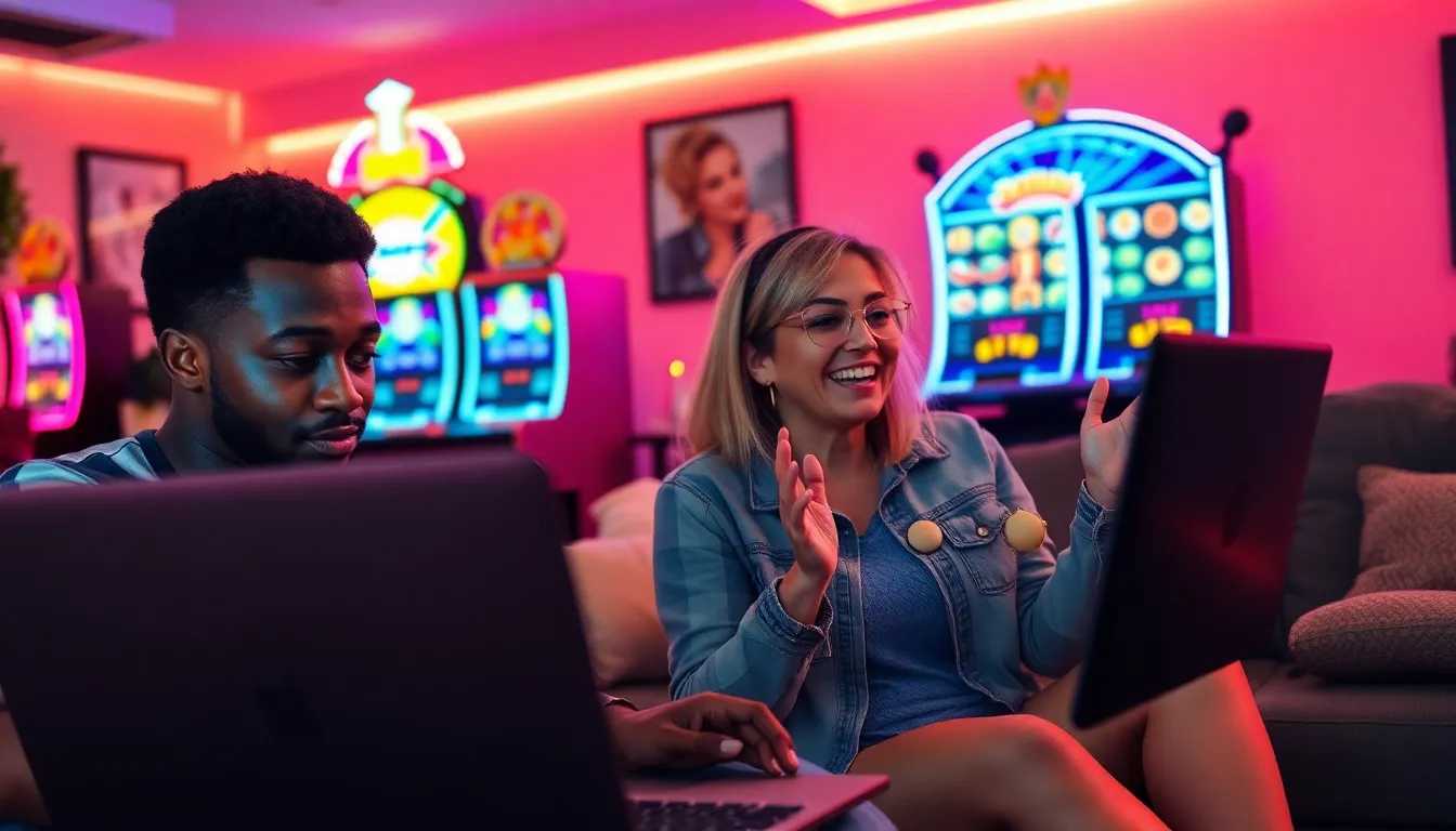 diverse players enjoying a gamified online slot game at home.