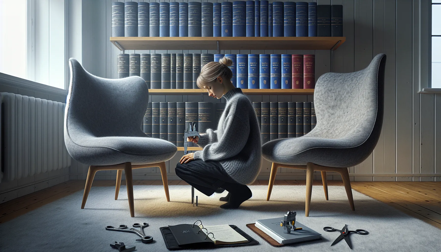 Kan du kopiere møbler eller interiørdesign uten å bryte regler? 3 Two near-identical scandinavian chairs compared beside eu and norway legal papers.