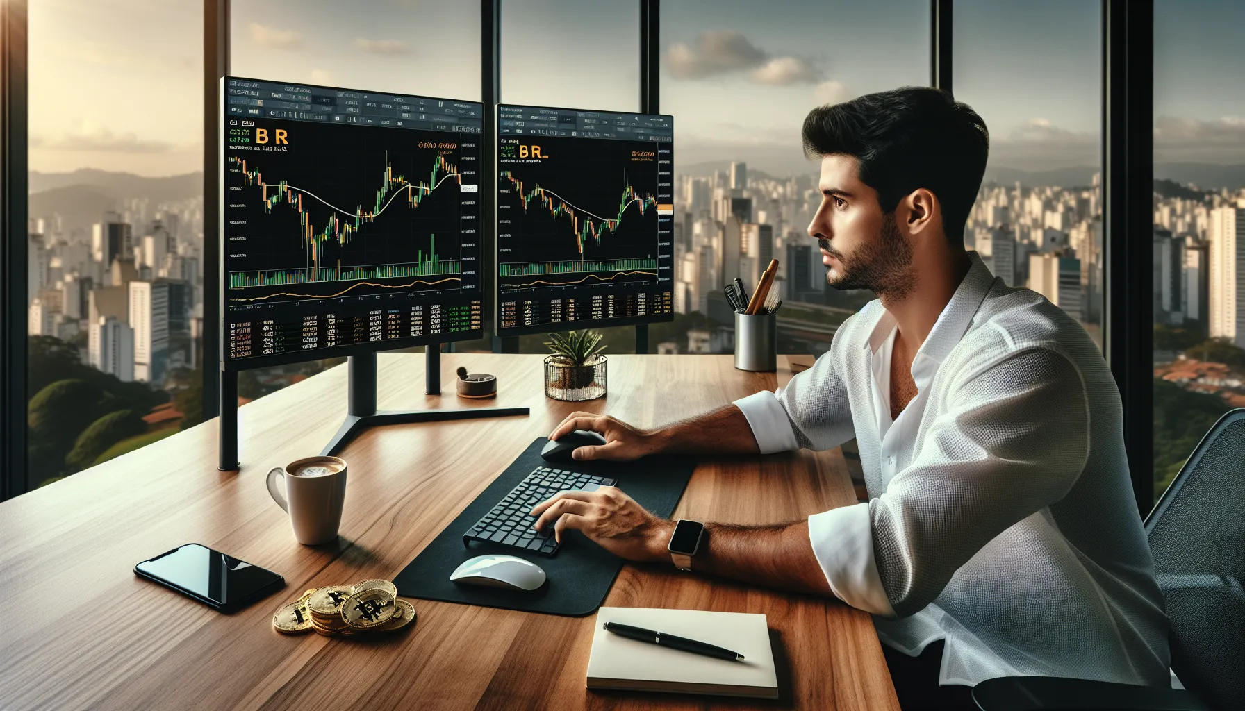 Brazilian trader analyzing Bitcoin price in BRL on dual monitors showing cryptocurrency charts