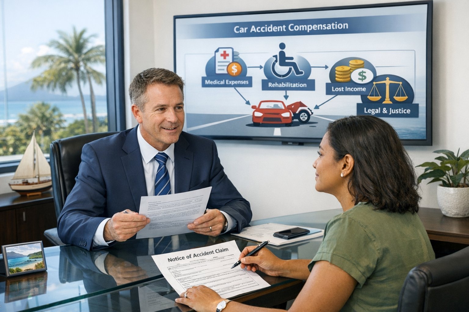 Car accident lawyer advising client on insurance claims in Cairns office.