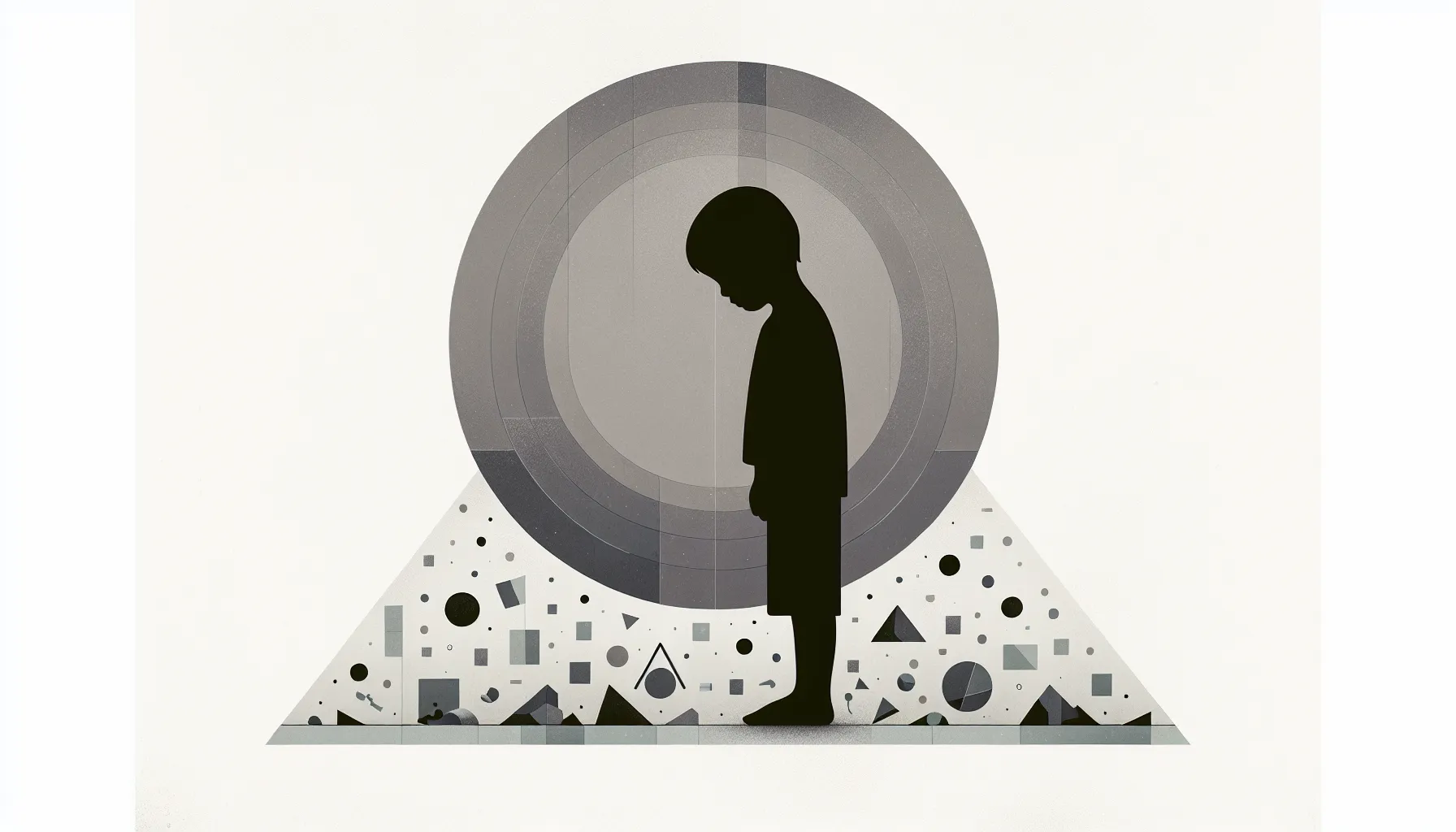 A small child silhouette surrounded by abstract symbols representing lost childhood