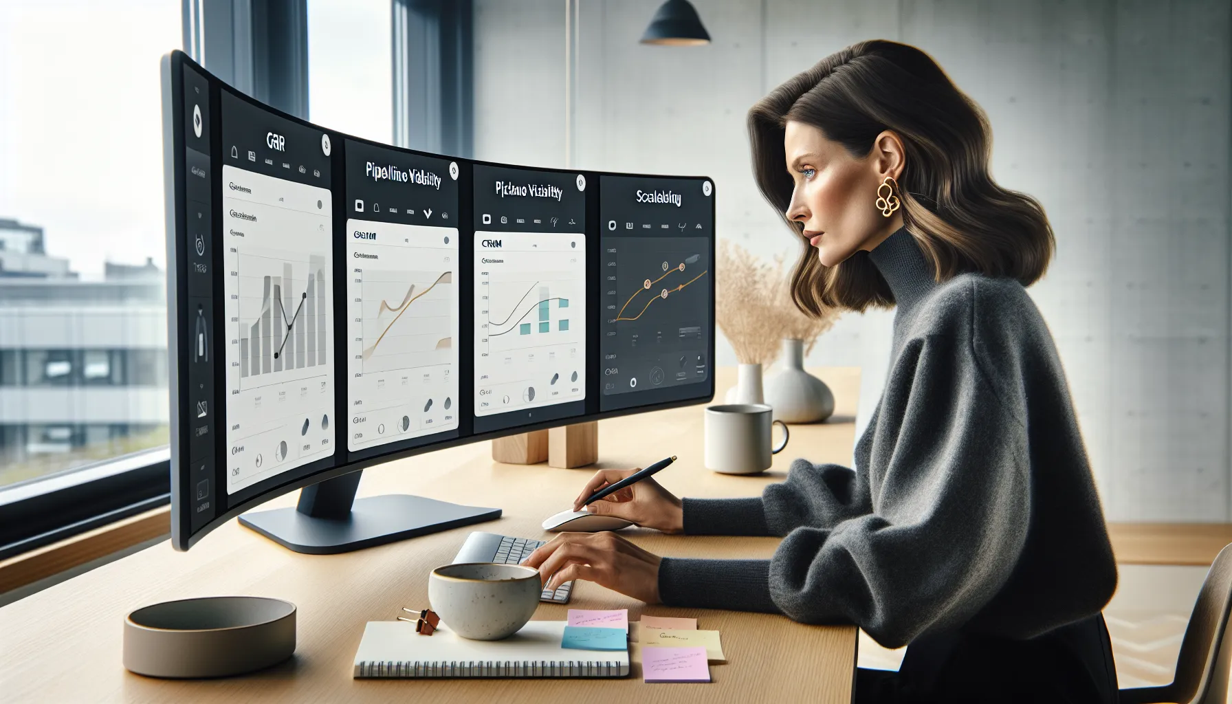 Norwegian smb manager comparing crm dashboards on an ultra-wide monitor in oslo.