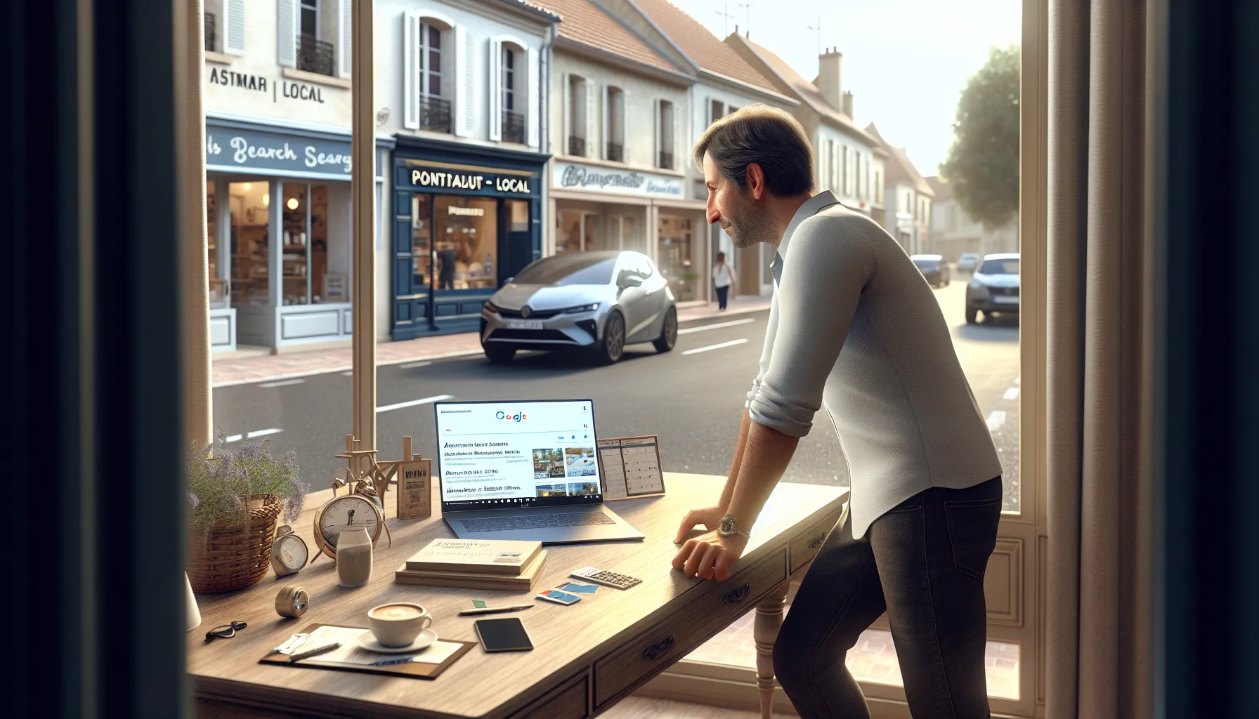 Local business owner in Pontault-Combault reviewing improved Google search visibility with SEO consultant.