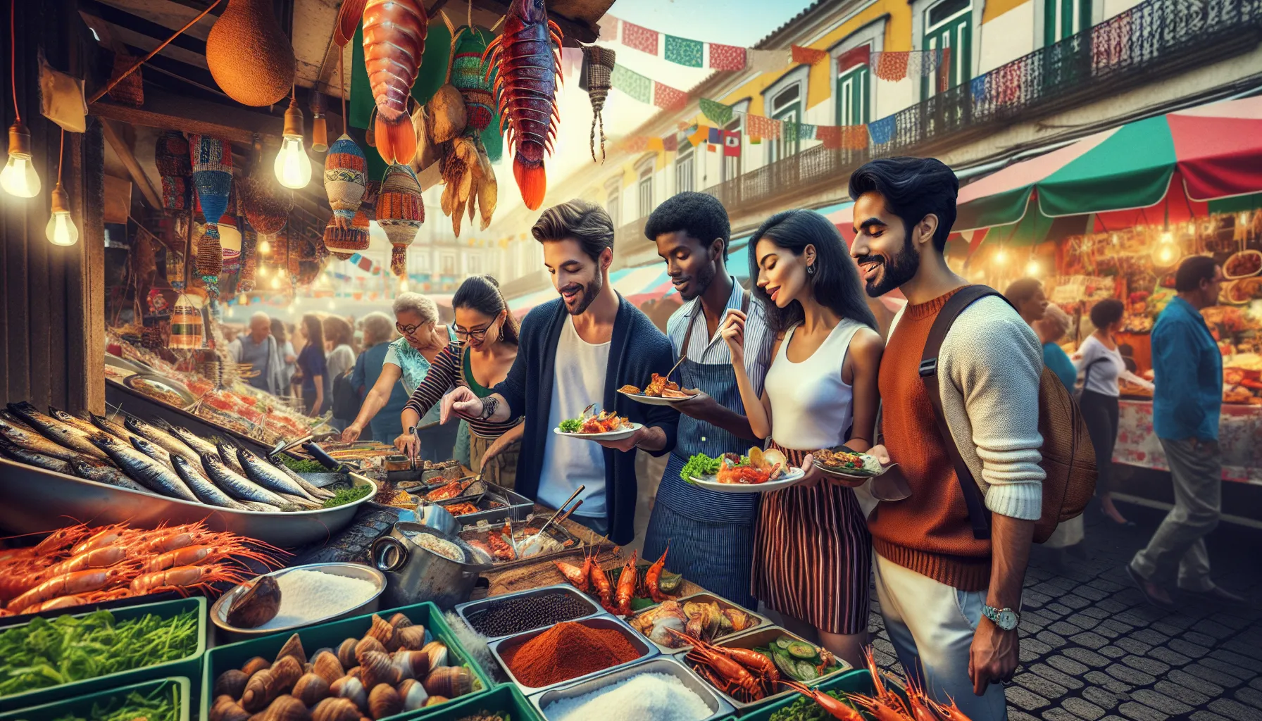 vibrant outdoor food market showcasing local cuisine and diverse people.