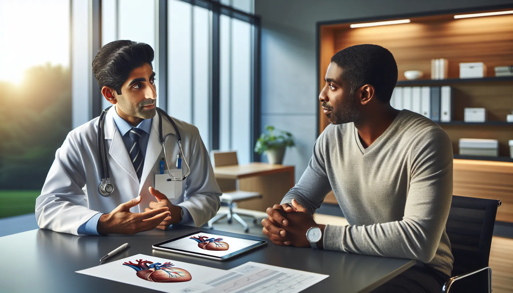 diverse medical team discussing hjärtkonventering risks with a patient.