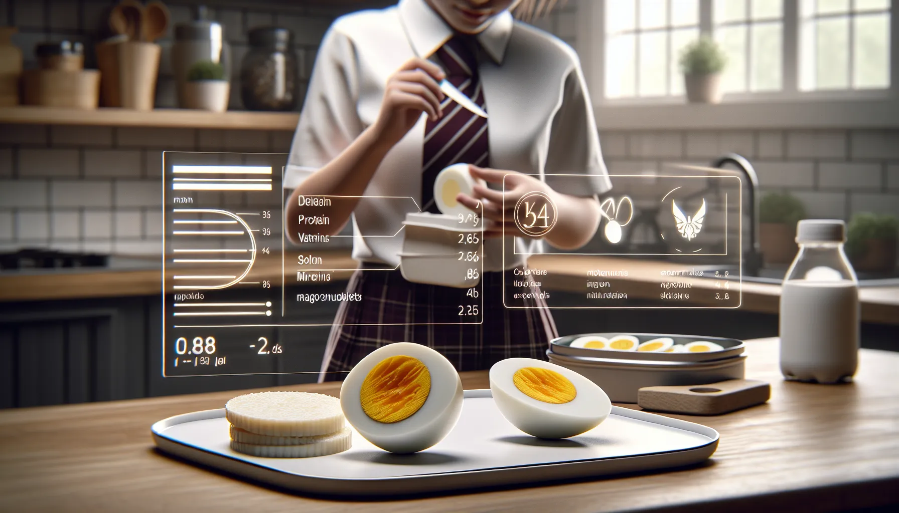 A boiled egg with nutrition facts card in a modern kitchen setting.