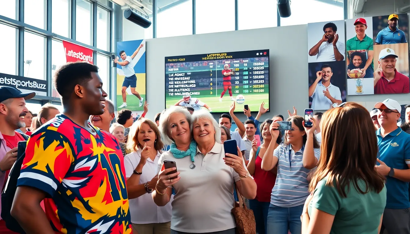 diverse sports fans discussing football and golf news in a lively sports hub.