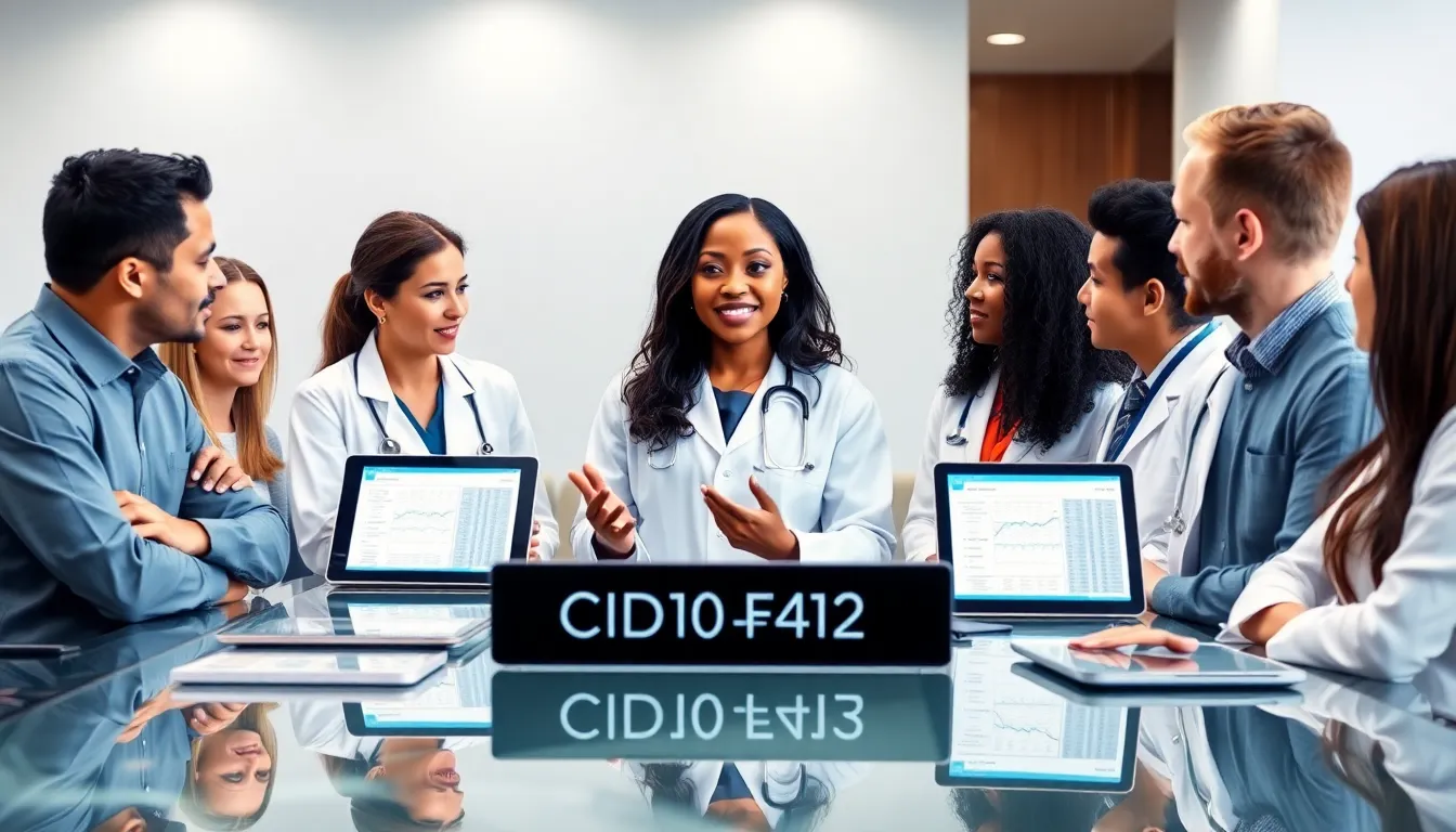 healthcare professionals discussing CID10F412 in a modern office.
