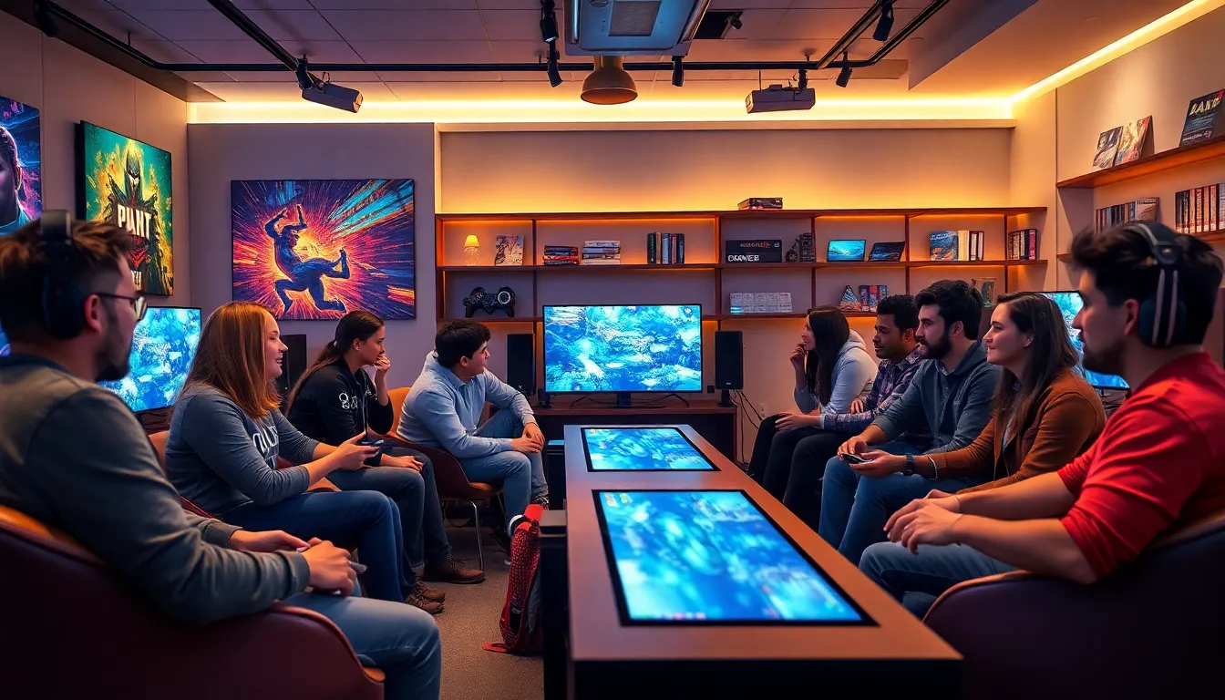 diverse gamers discussing at a vibrant modern gaming lounge.