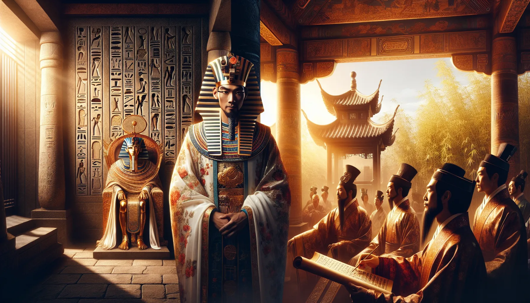 A split image of an Egyptian pharaoh and a Chinese emperor representing ancient civilizations.
