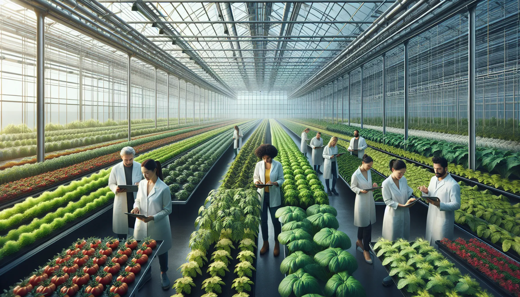 diverse team working in a modern greenhouse with various vegetables.