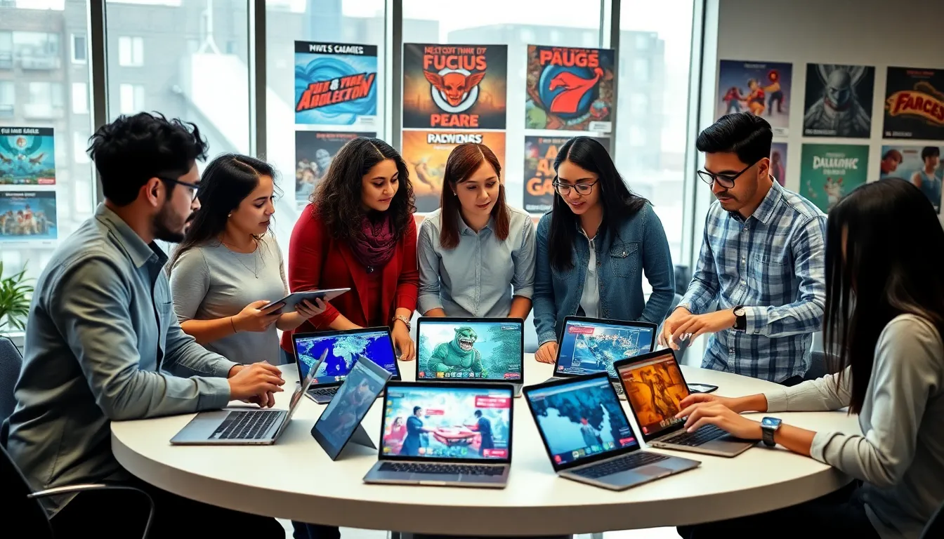 diverse team of game developers discussing regional gaming preferences.