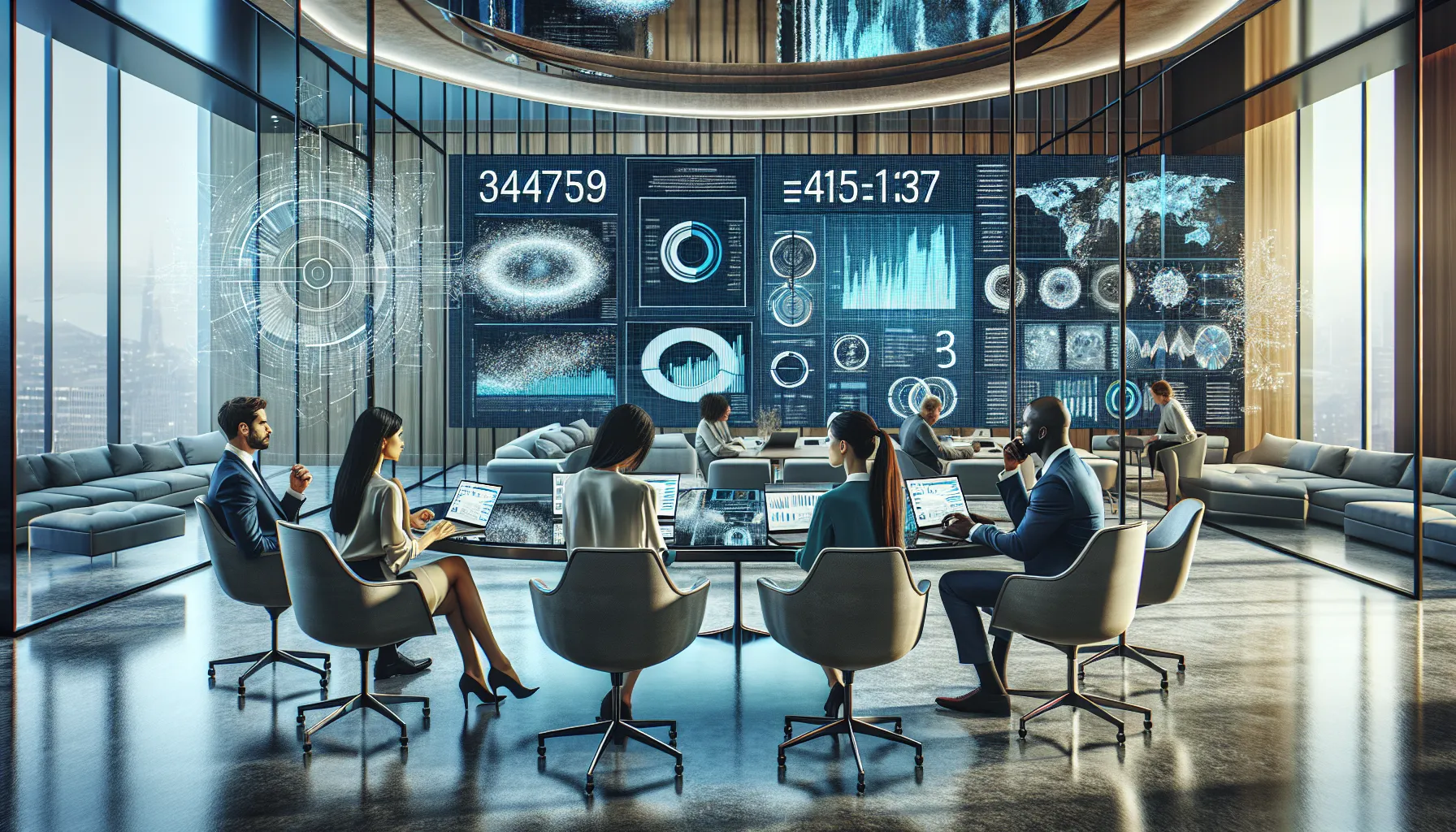 diverse professionals discussing data analysis in a modern conference room.