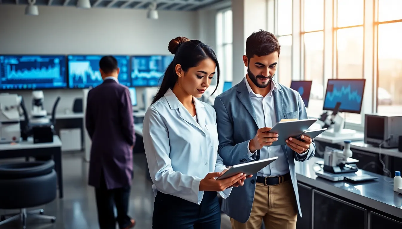 diverse team collaborating in a modern laboratory setting.