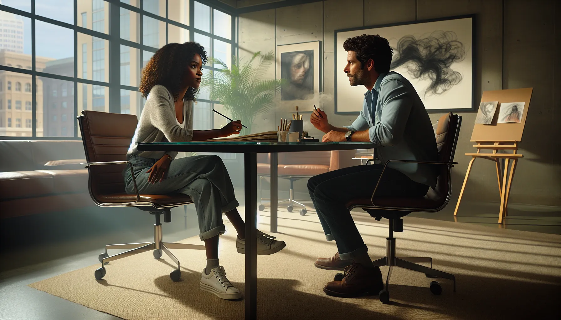 Auburn and Owen in a modern office discussing art and emotions.