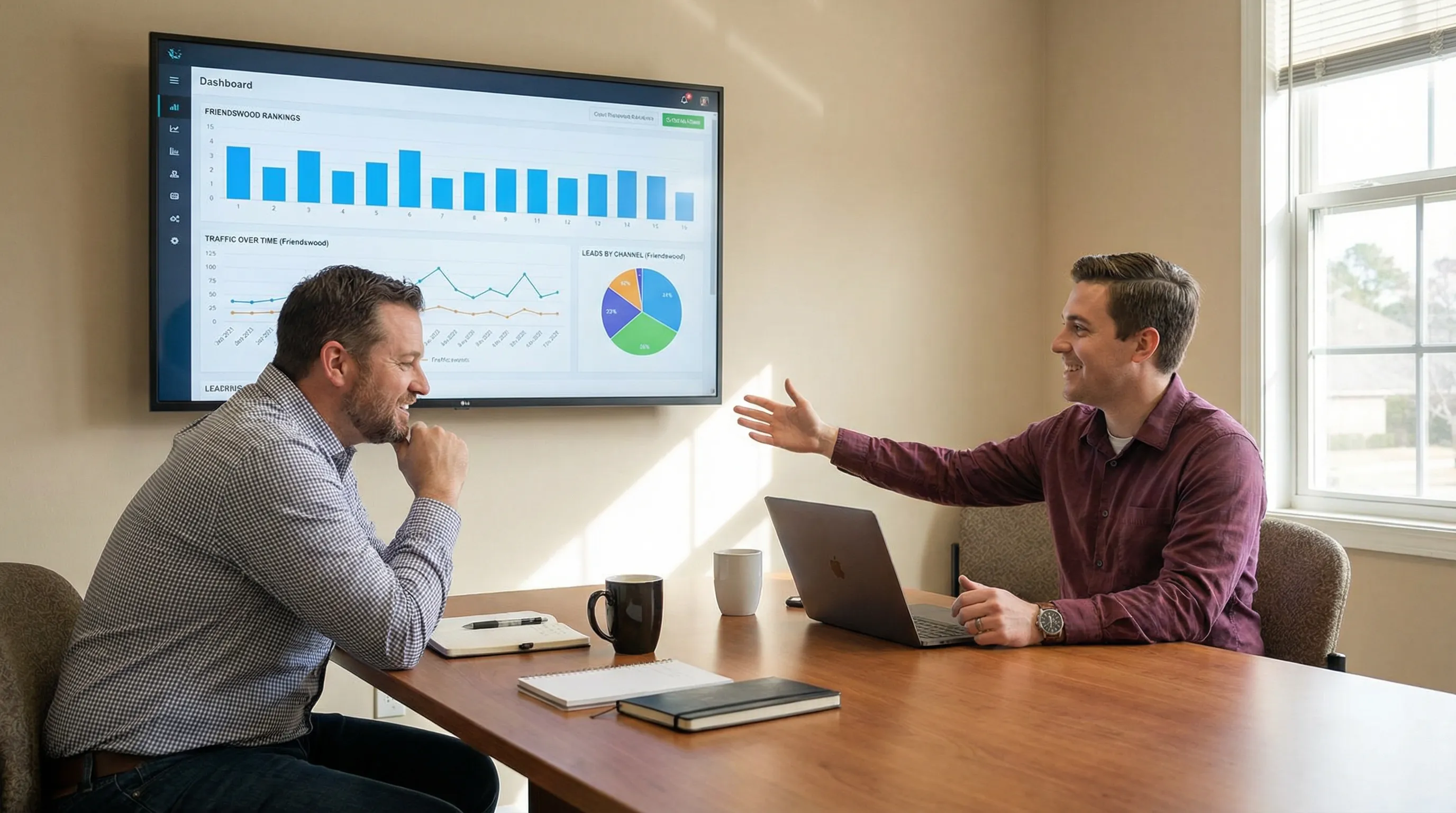 Business owner reviewing easy-to-read SEO reports for Friendswood performance on a large screen in a meeting room.