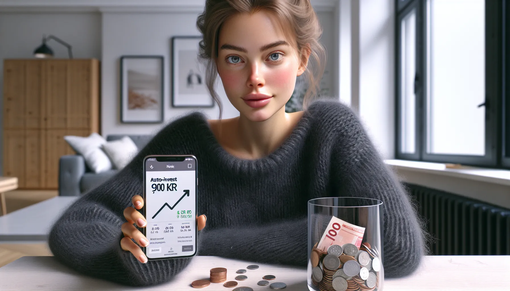 Norwegian woman using a microinvesting app, auto investing 100 kr weekly.