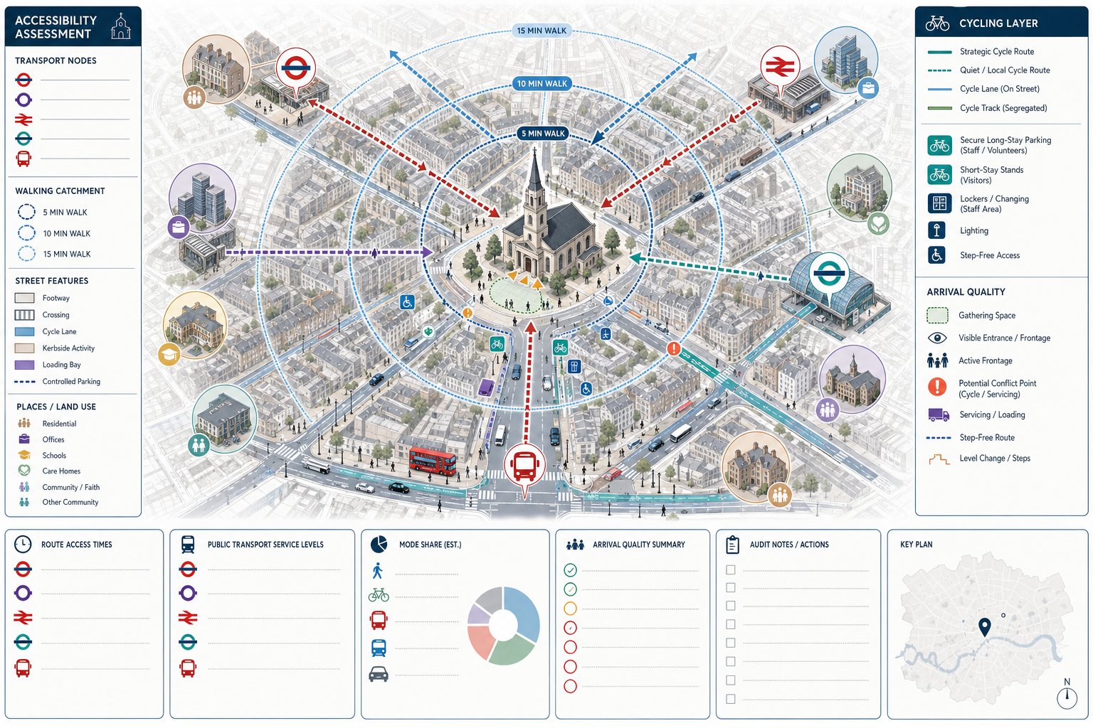 Infographic of a Central London church with walking, public transport and cycling access.