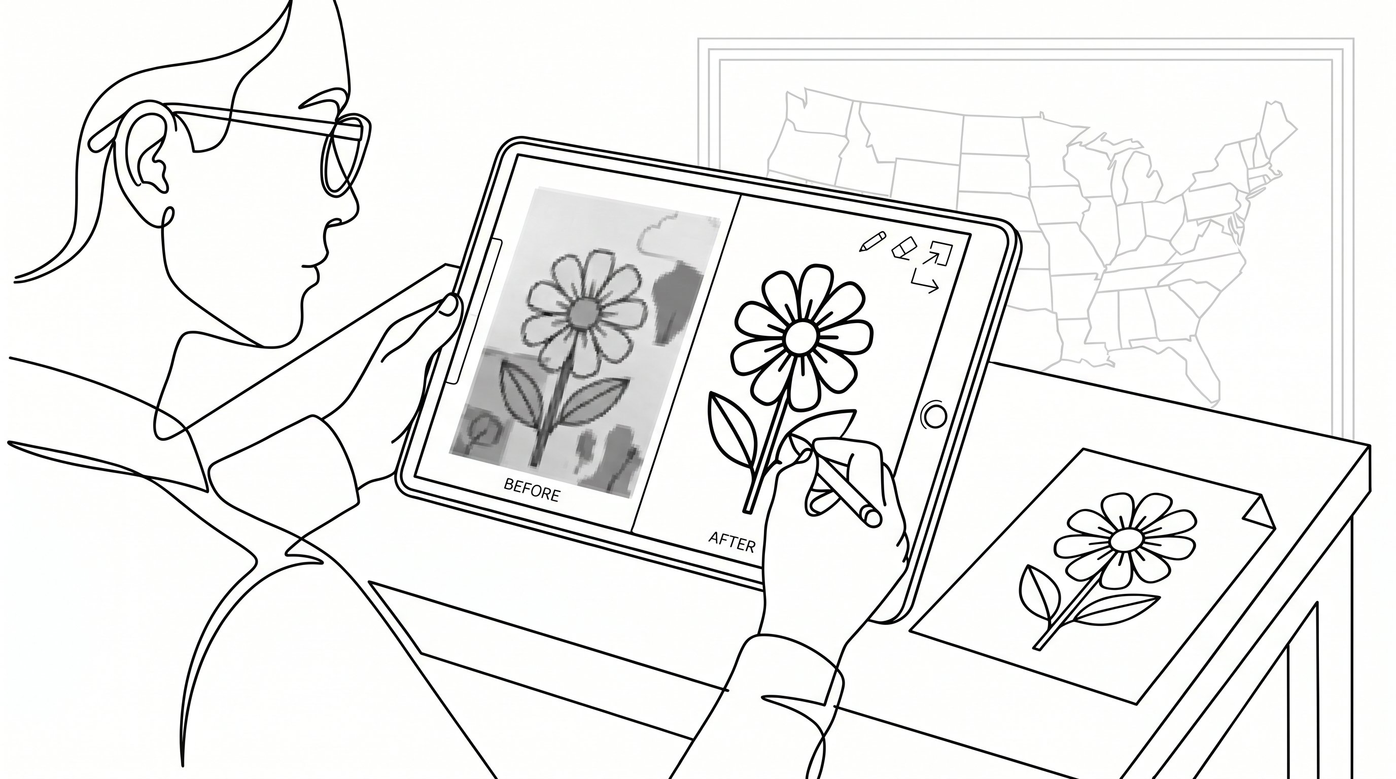 Person editing a photo into a clean printable coloring page.