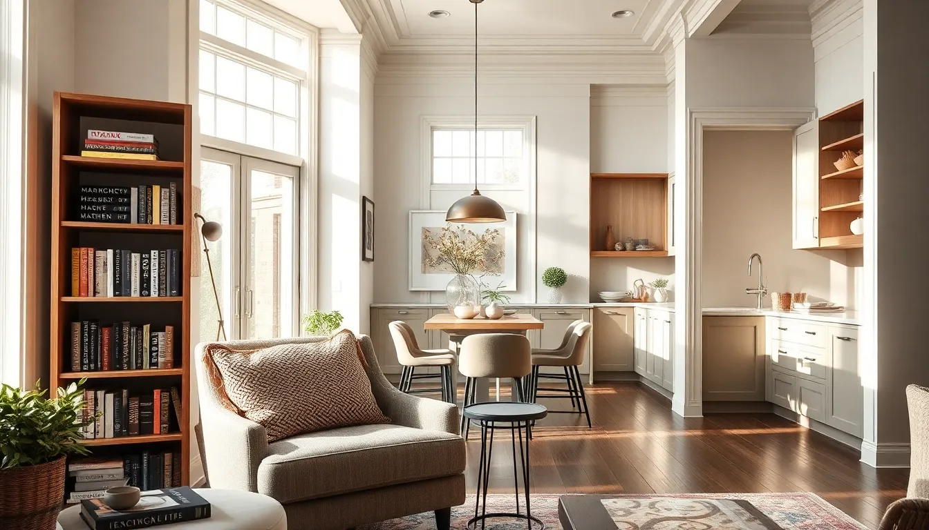 stylish living room with a cozy reading nook and modern kitchen.
