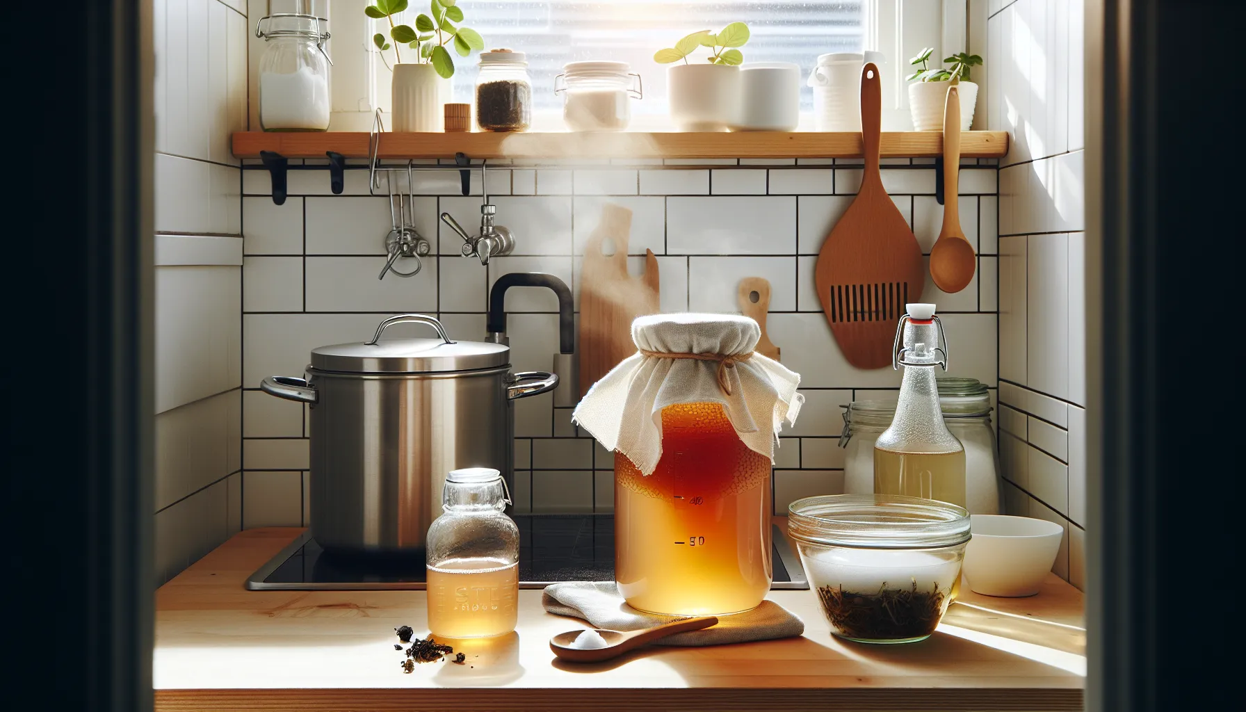Norwegian kitchen with kombucha jar, scoby, and brewing tools on counter.