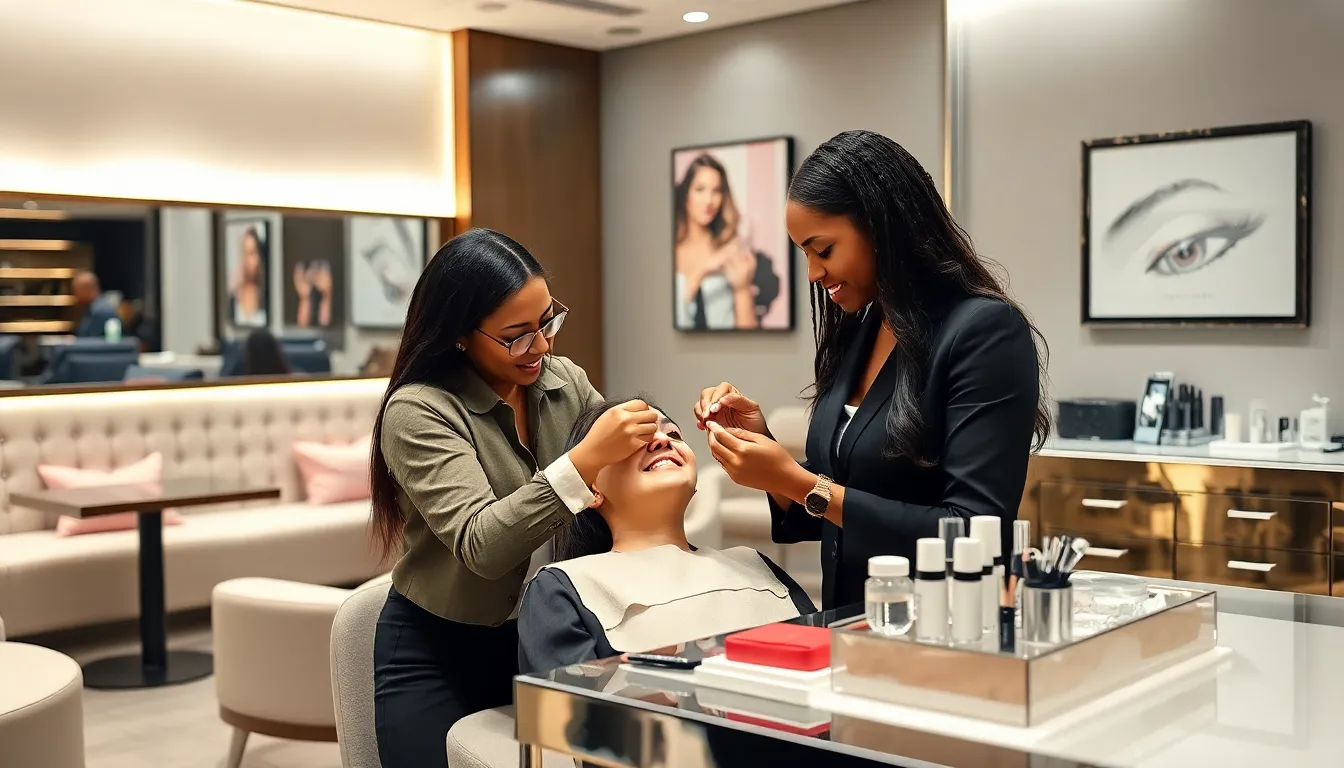 a technician applying lash extensions in a modern beauty bar.
