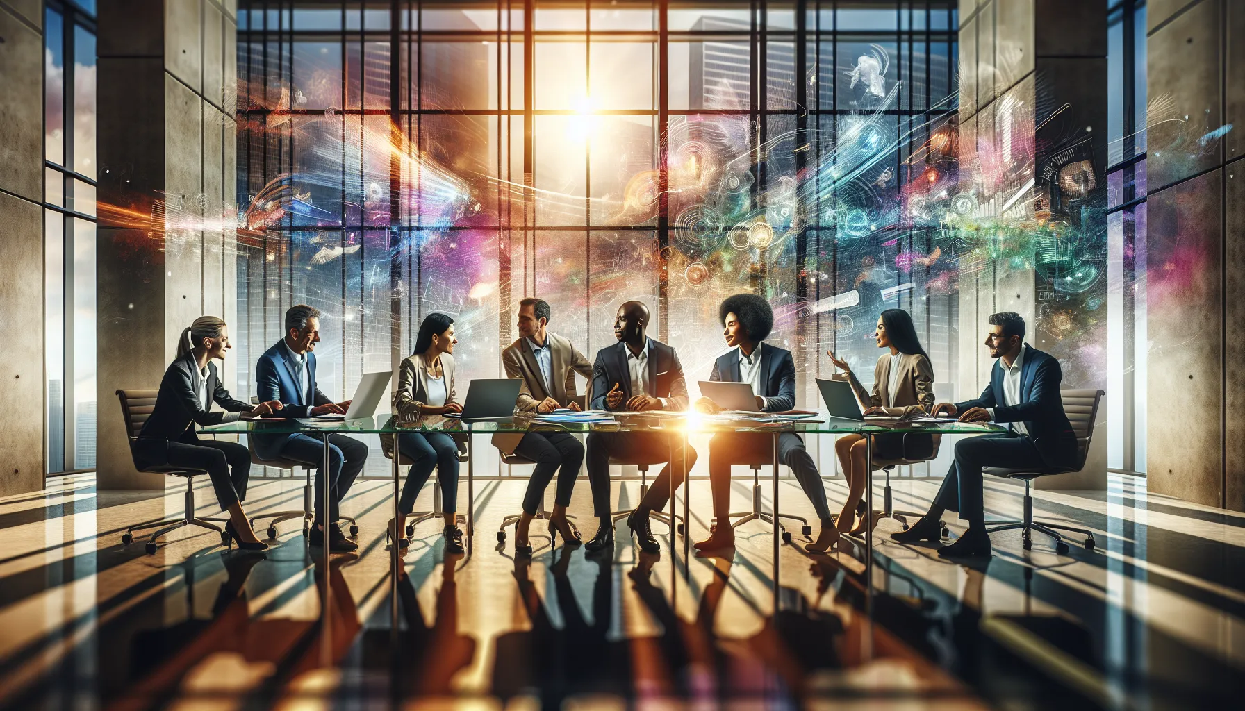 diverse team collaborating in a bright modern workspace.