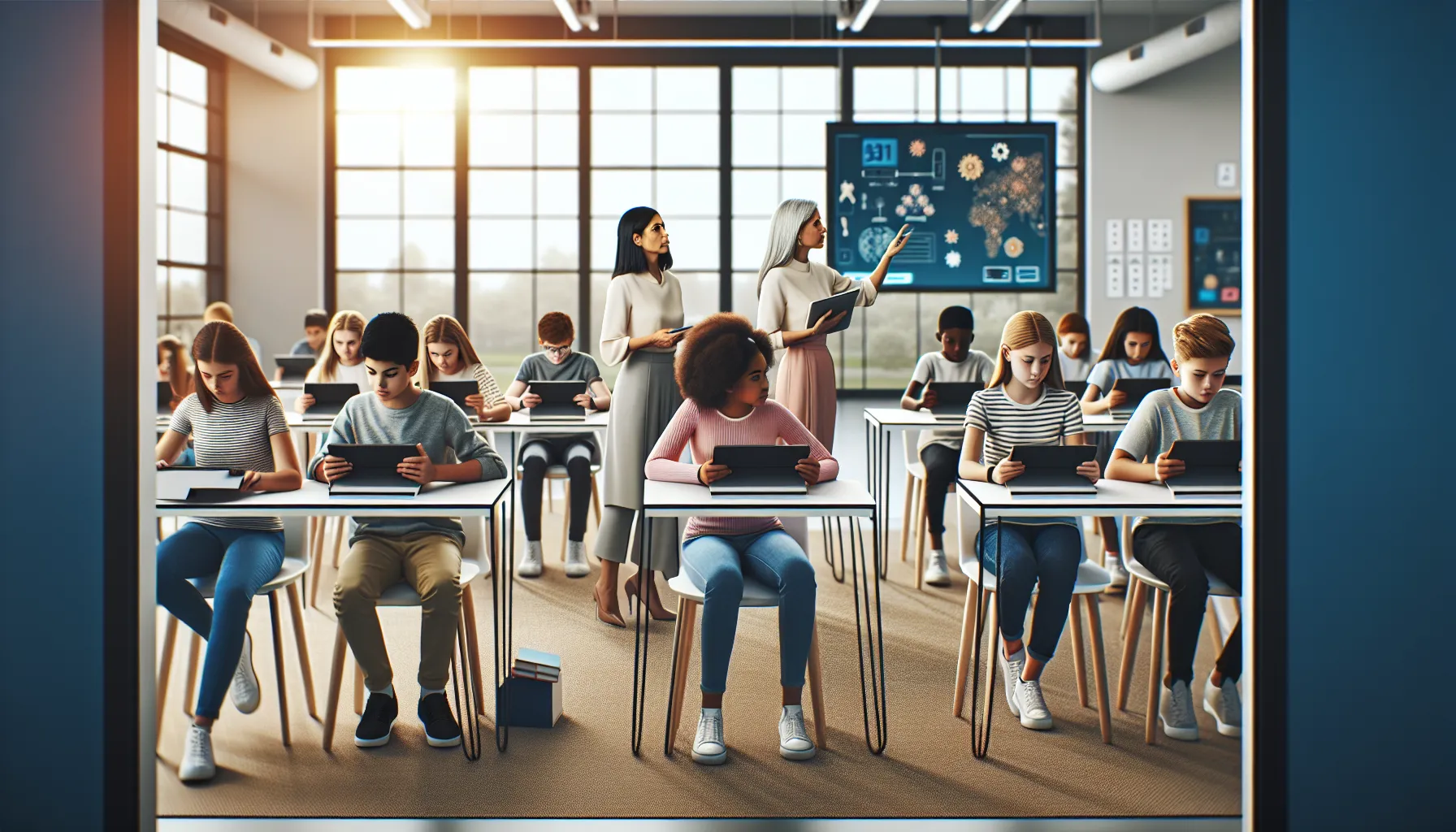 diverse students engaging with technology in a modern classroom.