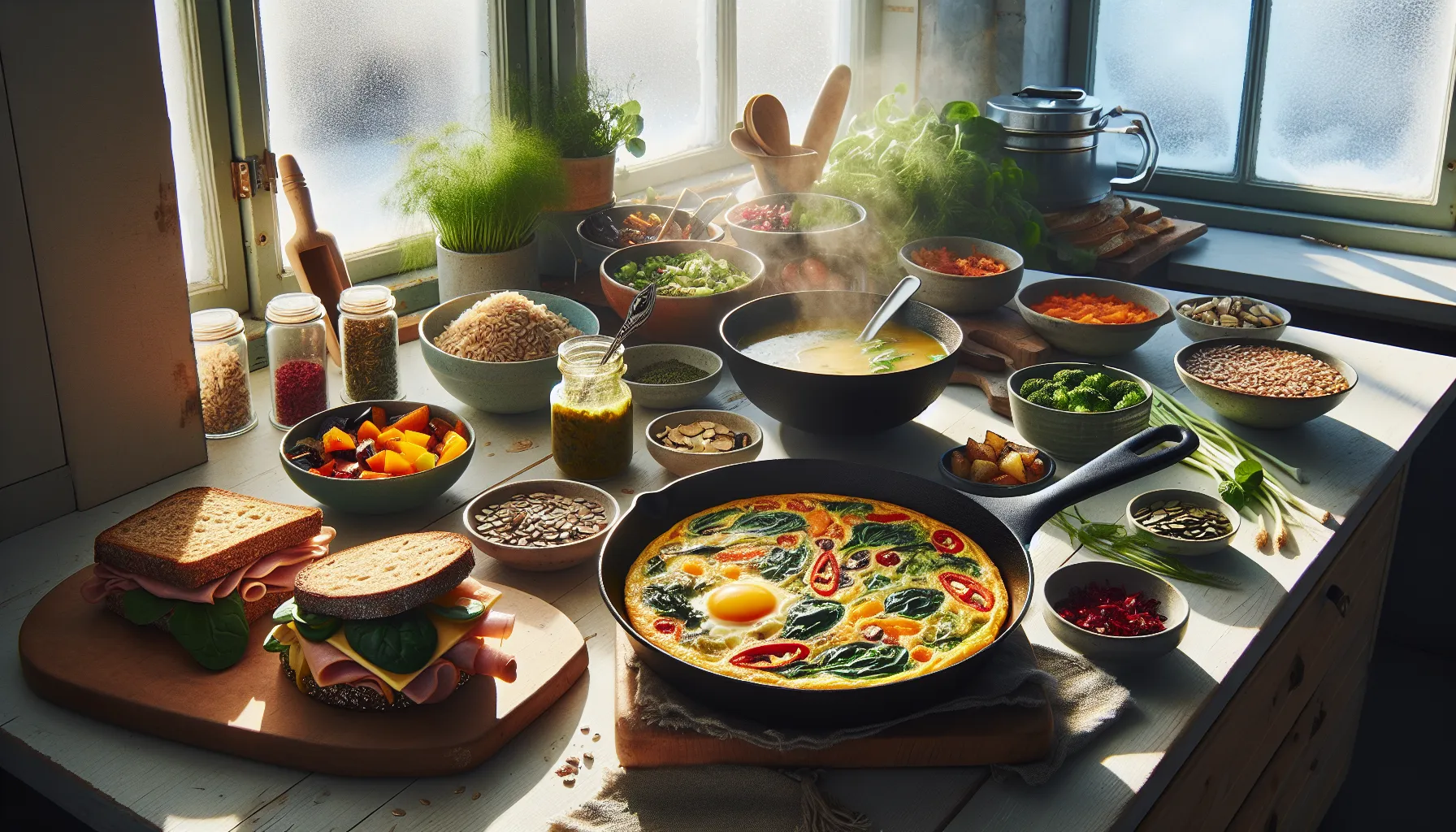 Norwegian kitchen scene showcasing creative dishes made from assorted leftovers.