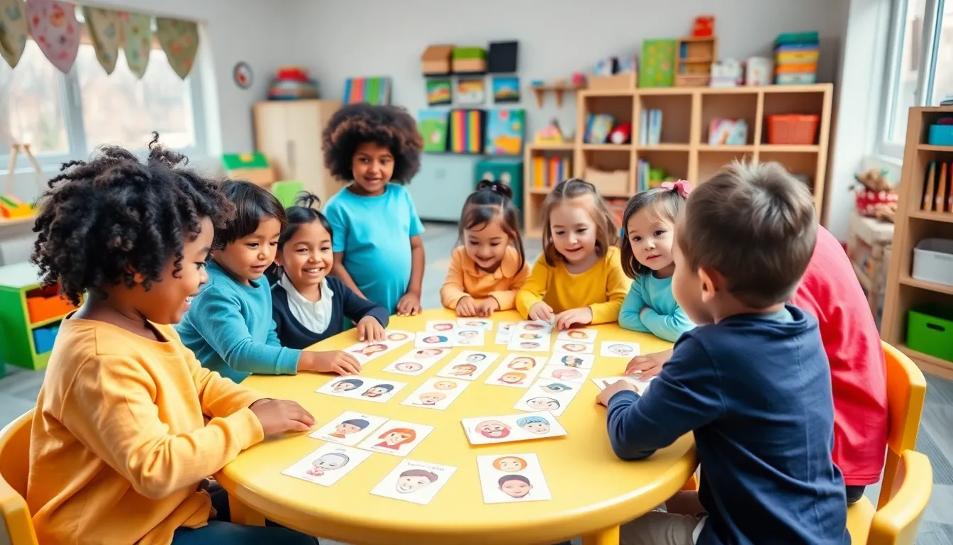 preschoolers engaging with printable emotions activities at a colorful classroom table.