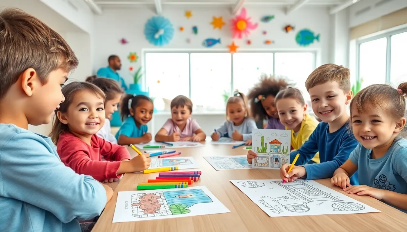 children coloring swimming pages in a bright, creative environment.