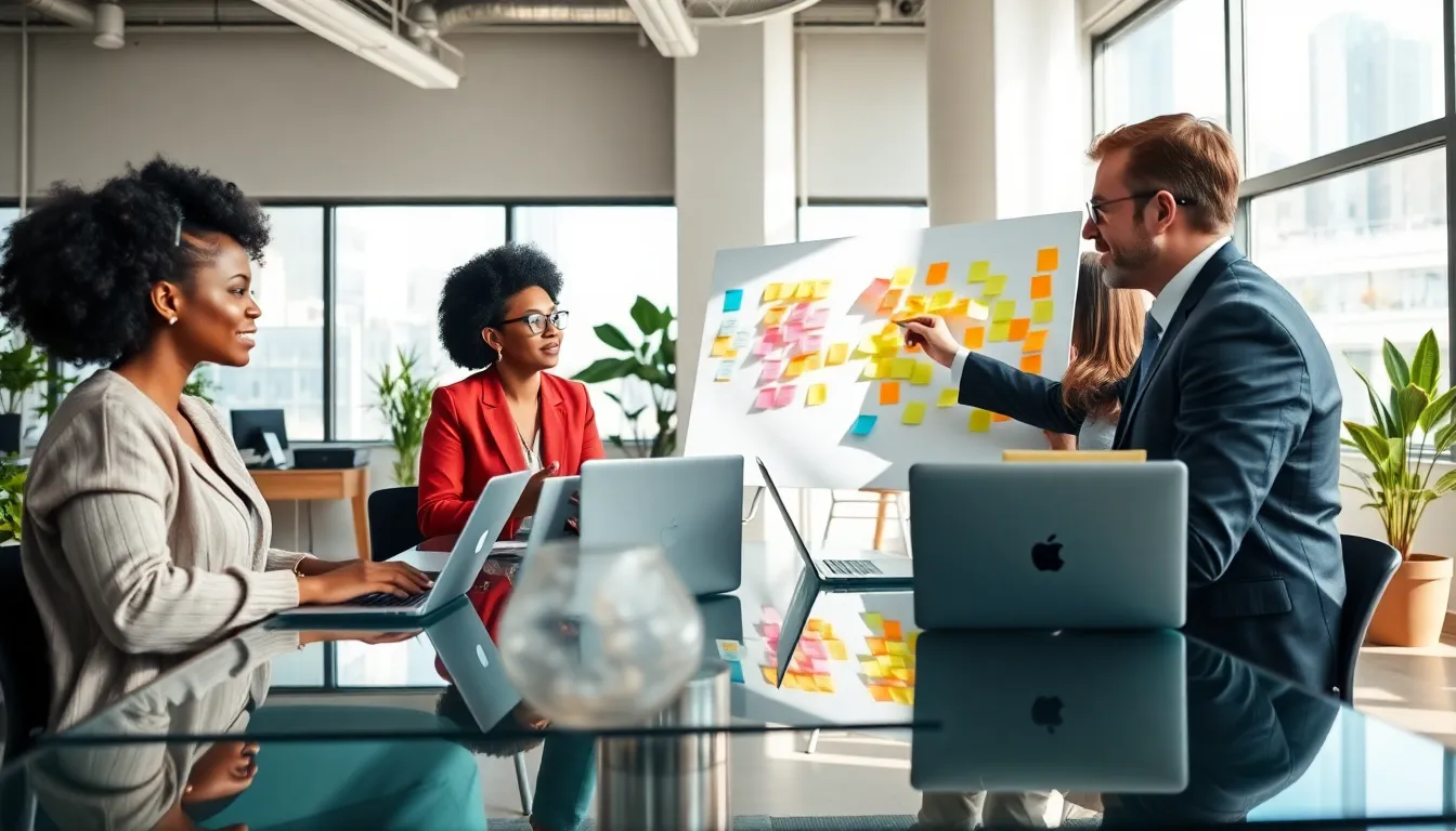 diverse team collaborating in a modern office setting.