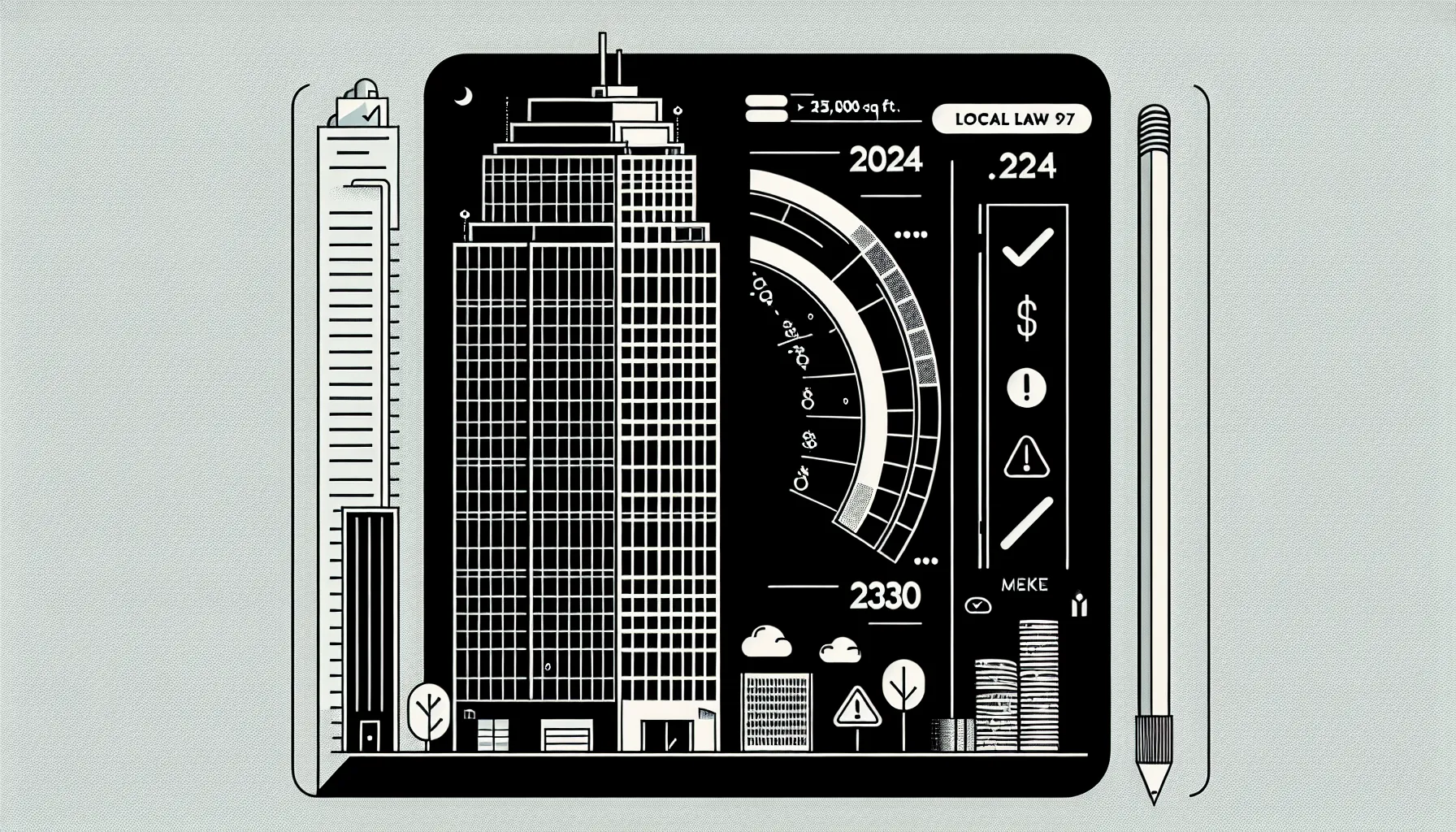 Line art of a New York City building under Local Law 97 carbon limits.