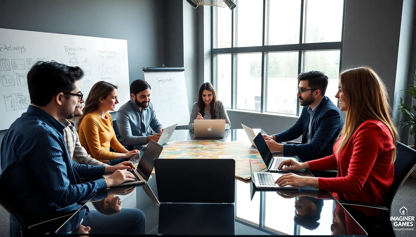 diverse team collaborating in a modern office for Imagineer Games.