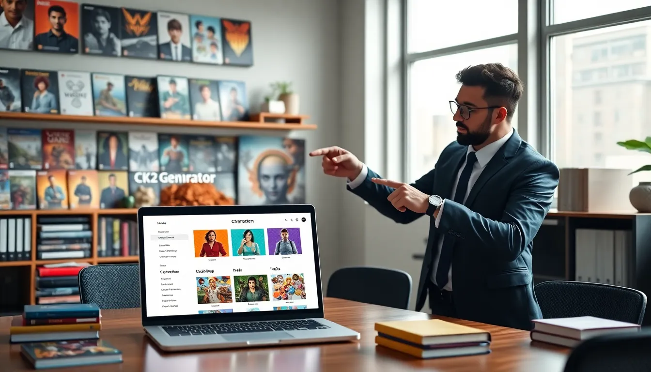 Professionals discussing the CK2 Generator website in a modern office.