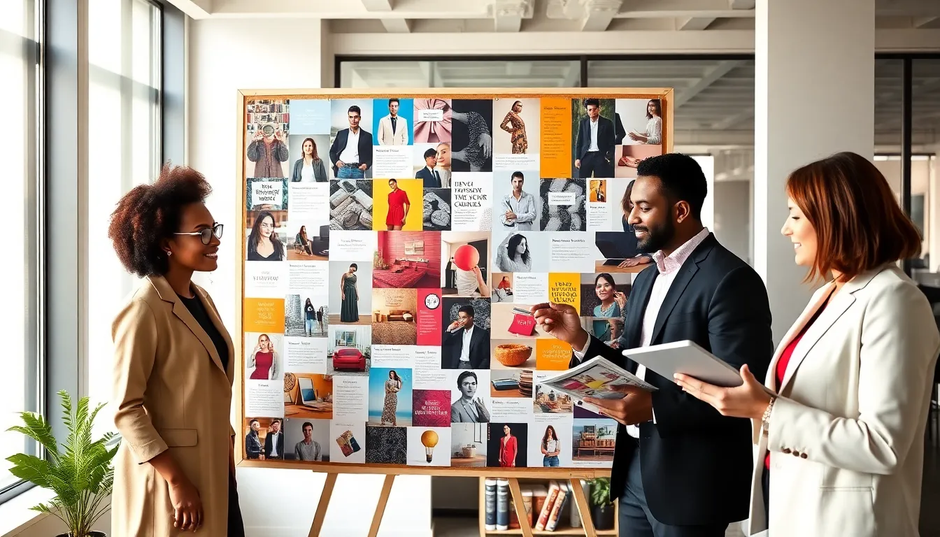 Diverse team collaborating around a vibrant inspiration board in a modern office.