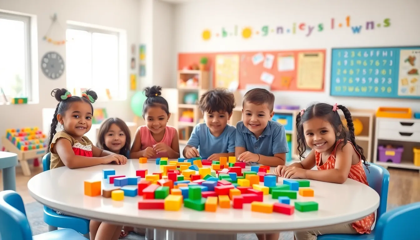 children happily engaged in learning activities in a colorful preschool classroom.